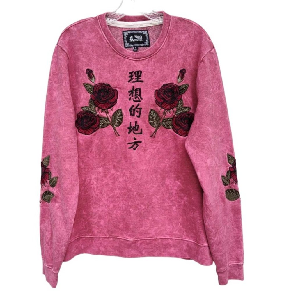 BLIND ROOSTER “Ideal Place” Asian Red Rose Embroidered Sweatshirt Size L